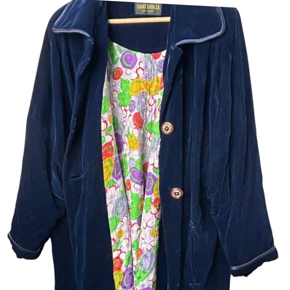 YANG SHIN JA Korean High Fashion Long Sapphire Blue Velvet Coat | Sz M-L - Picture 1 of 13